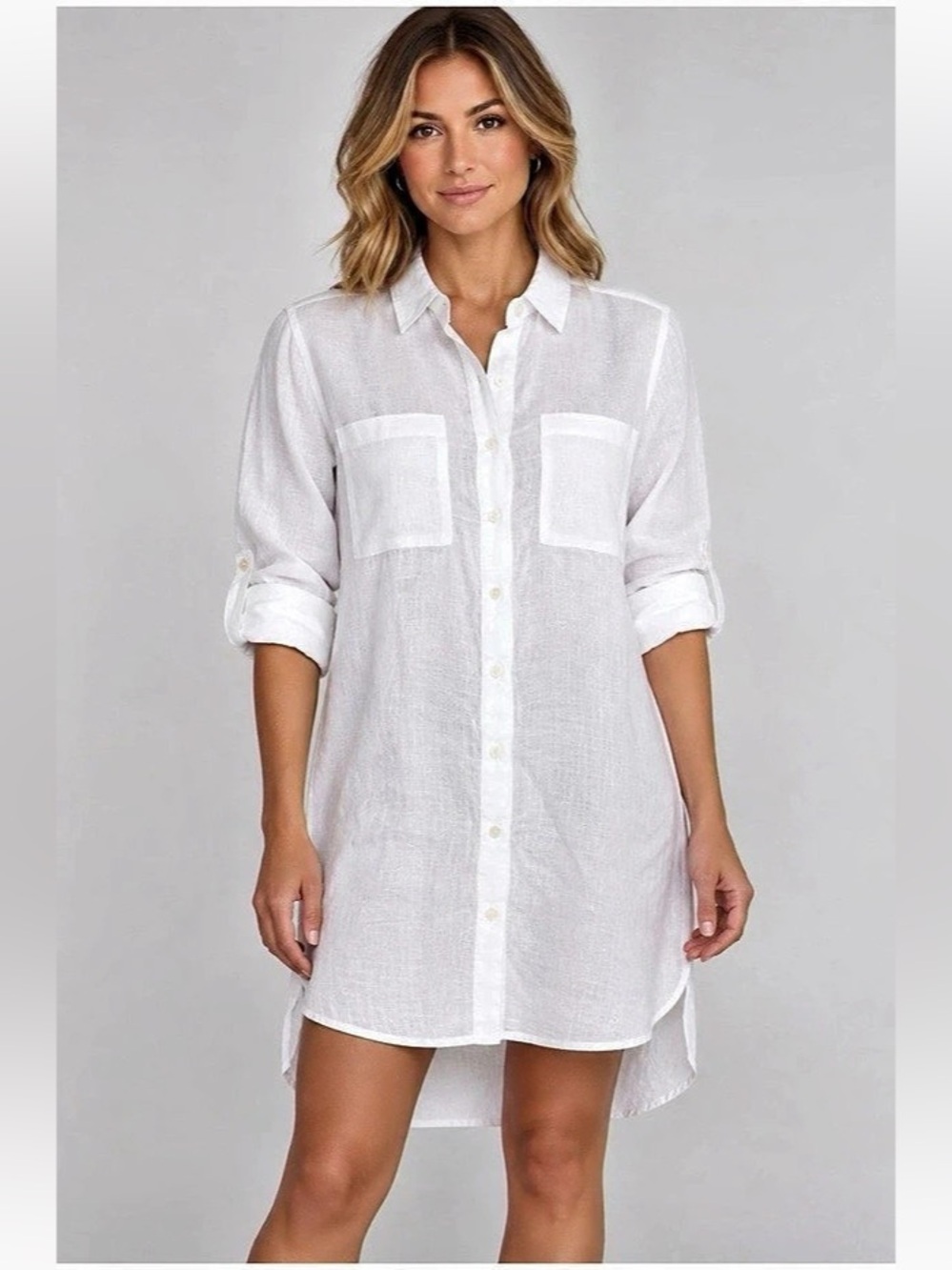 Saks Fifth Avenue 100% Linen Dress NWT $149 Size XS Longline Tunic In White